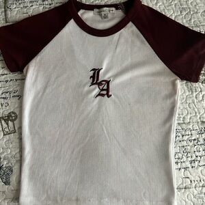 burgundy and white baseball tee